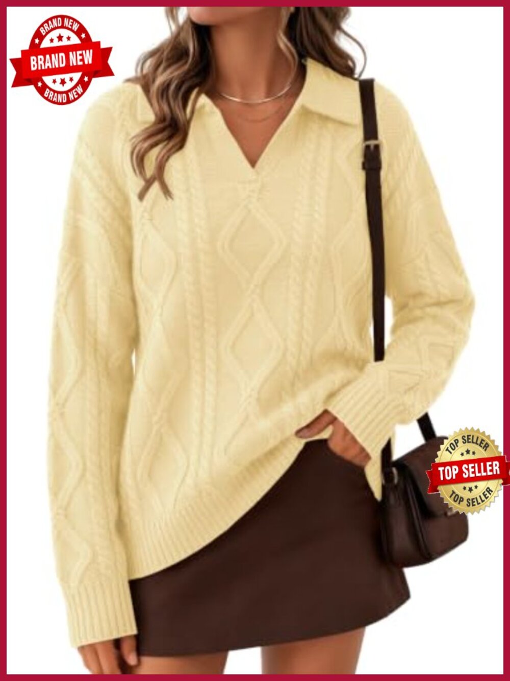 Oversized Cable Knit Sweater V Neck Polo Collared Long Sleeve Pullover
